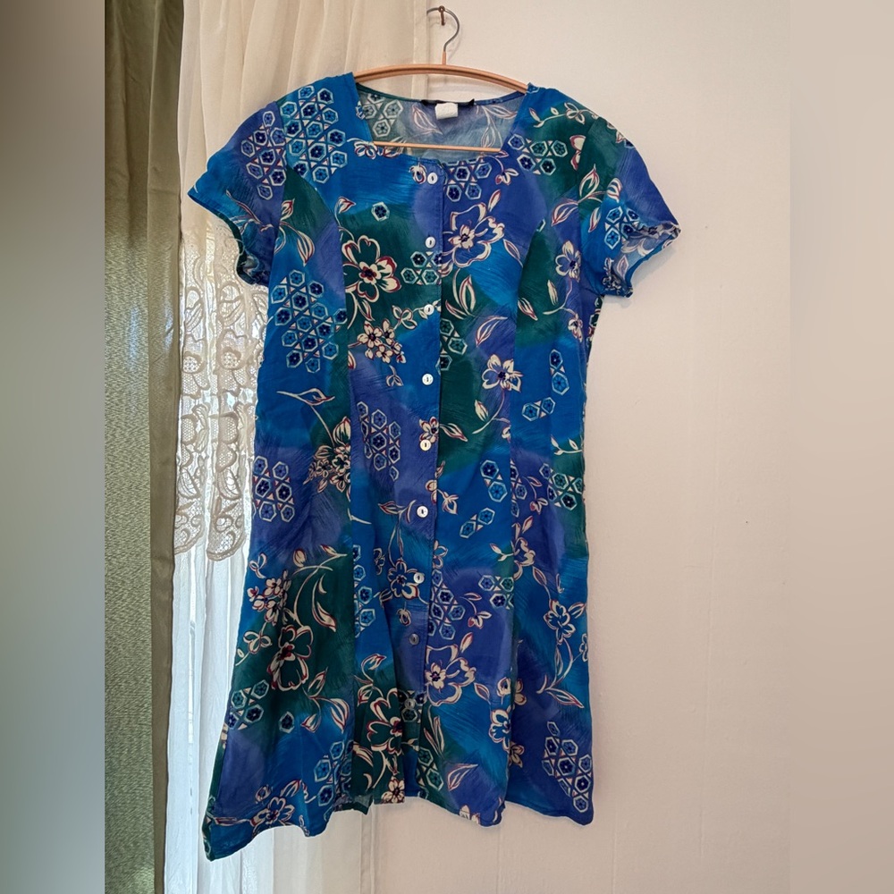 Impressions‎ Workshop Shirt Dress Blue Floral Size L Button Down Vacation